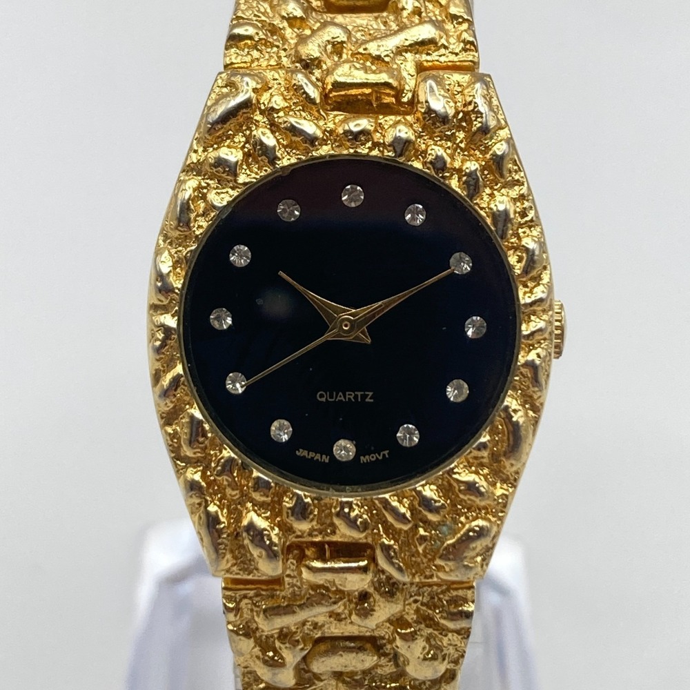 Women's Watch Gold Tone Nugget Style Black Dial Life Long New Battery SMALL 6"